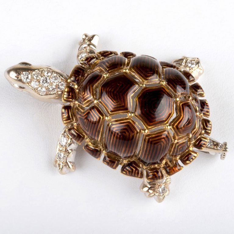 Italian 18k White and Yellow Gold, Enamel and Diamond Turtle Pin Brooch