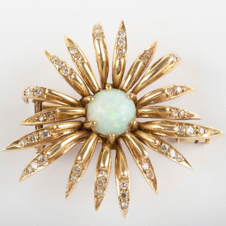 French 18k Gold, Diamond and Opal Floral Brooch