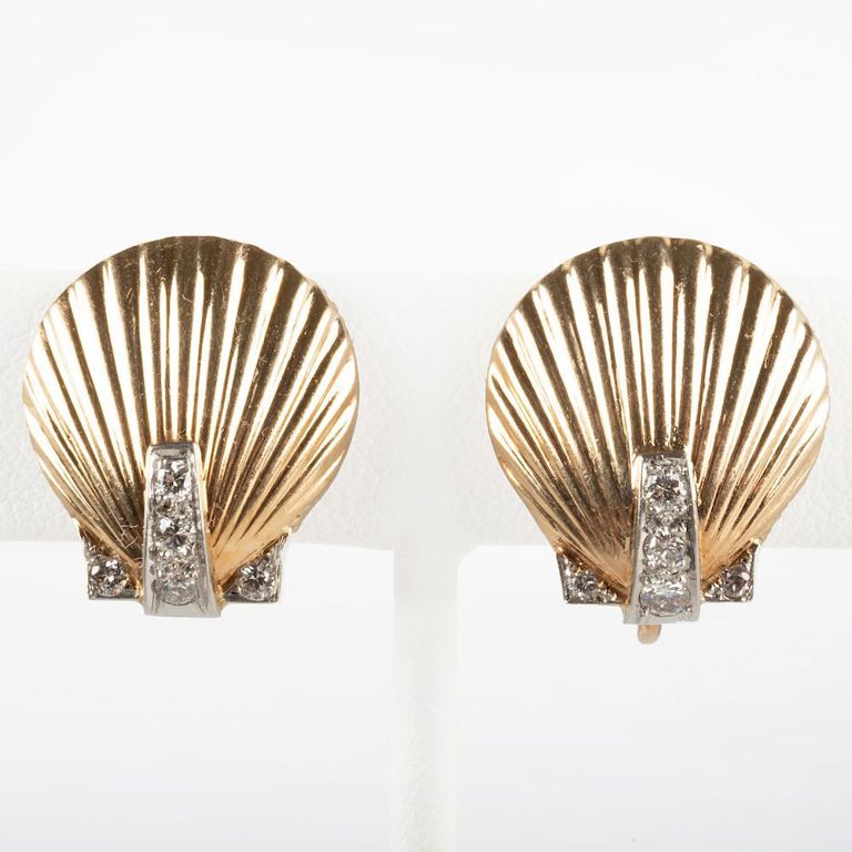 Pair of Retro 18k Gold and Diamond Shell Form Ear Clips