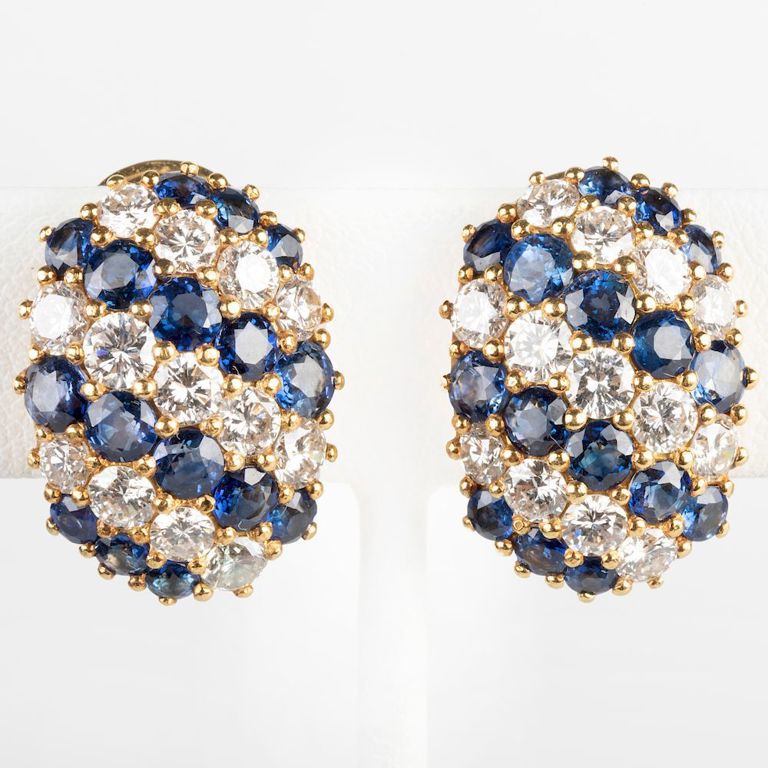 Pair of 18k Gold, Diamond and Sapphire Earclips