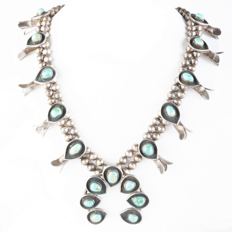 Navajo Silver and Turquoise Squash Blossom Necklace