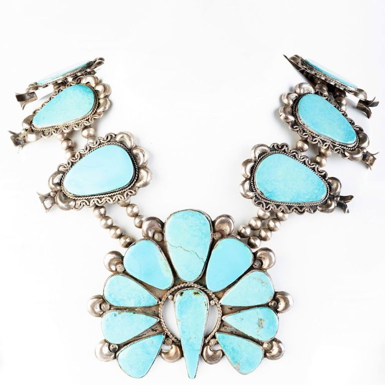 Large Native American Silver and Turquoise Necklace With Squash Blossoms