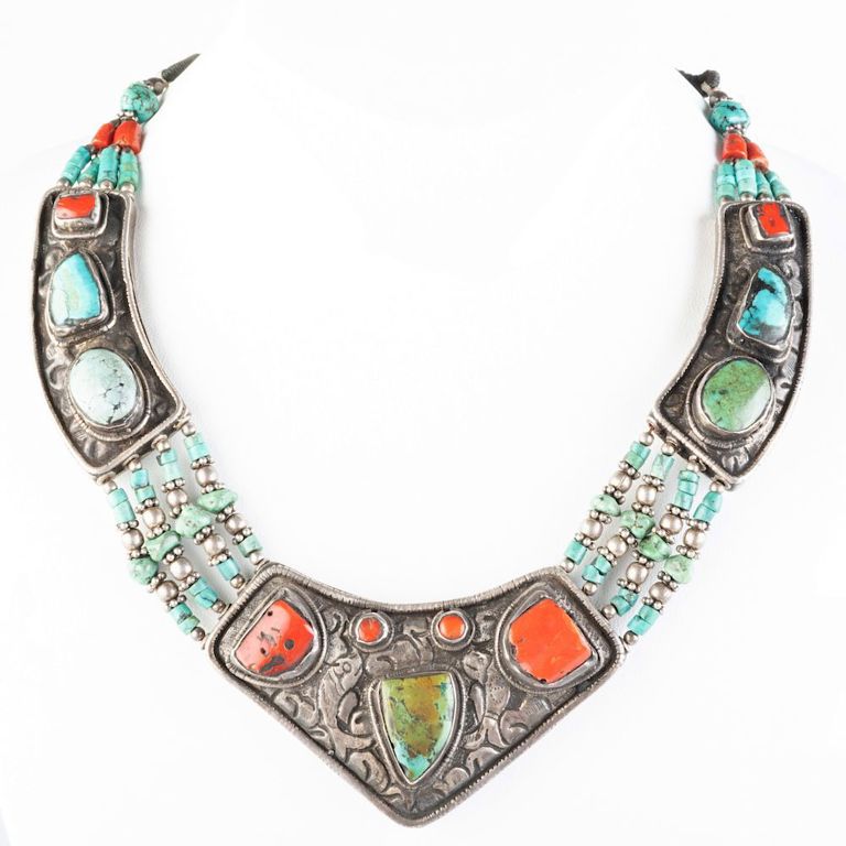 Native American Silver, Turquoise and Coral Necklace