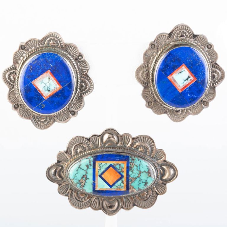 Pair of Aldrich Sterling, Lapis, Coral and Turquoise Earrings