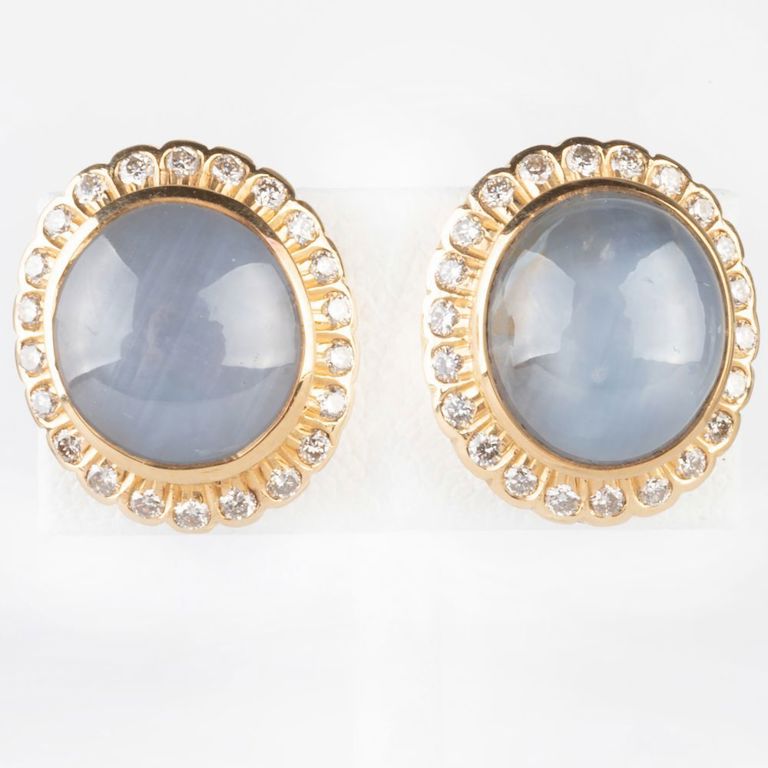 Pair of Moonstone, 18k Gold and Diamond Stud Earrings