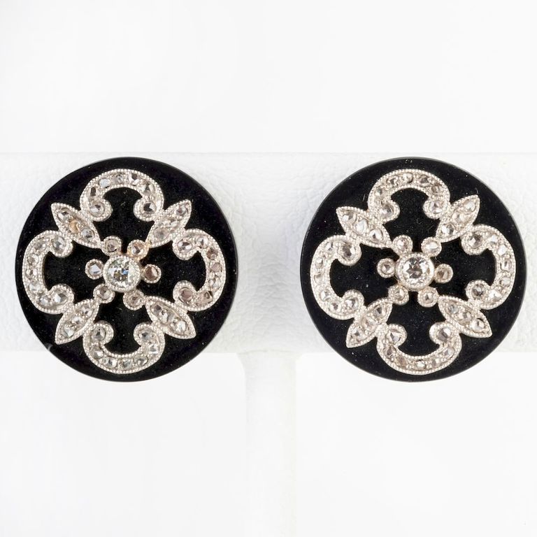 Pair of Onyx, Diamond and 14k Gold Earclips
