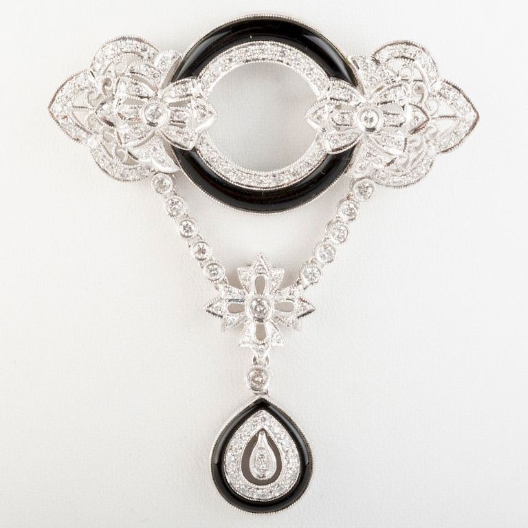 Art Deco Platinum, Diamond and Onyx Brooch