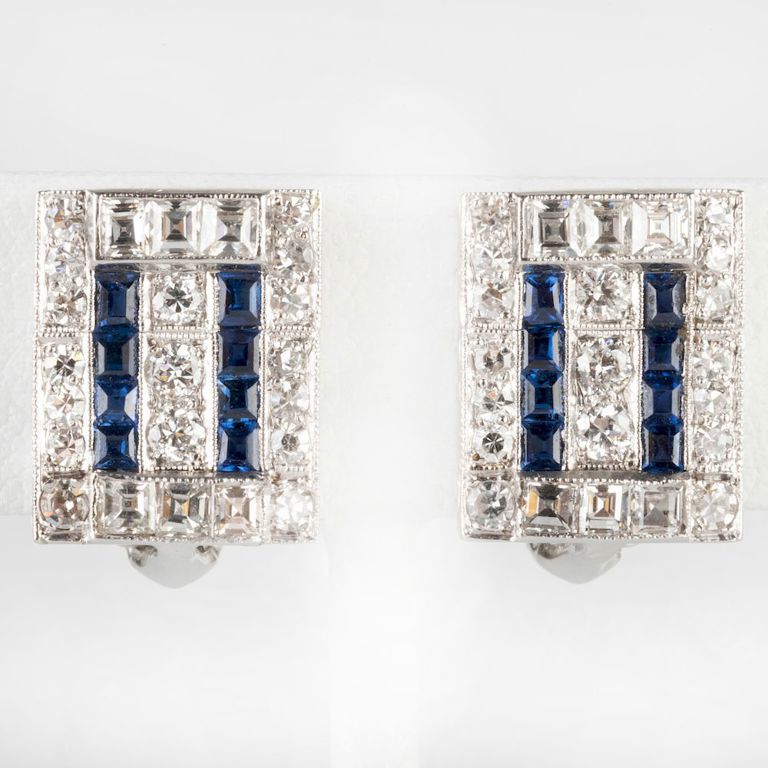 Pair of 14k White Gold, Diamond and Sapphire Earclips