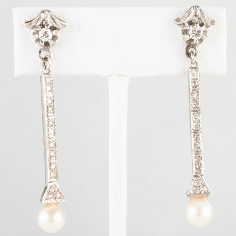 14k White Gold, Diamond and Pearl Drop Earrings
