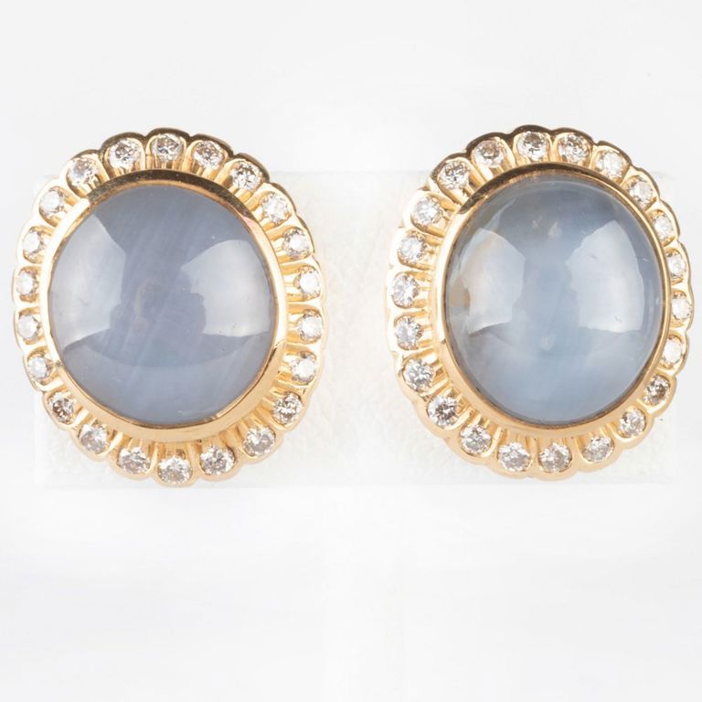Pair of Moonstone, 18k Gold and Diamond Stud Earrins