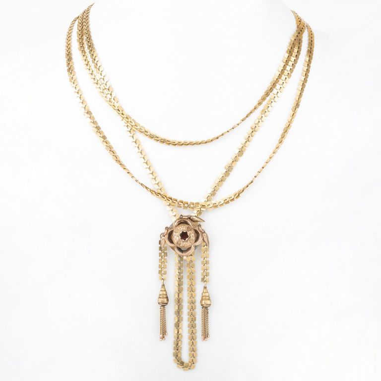 12k Gold Long Chain Necklace and Pendant Set with Garnet