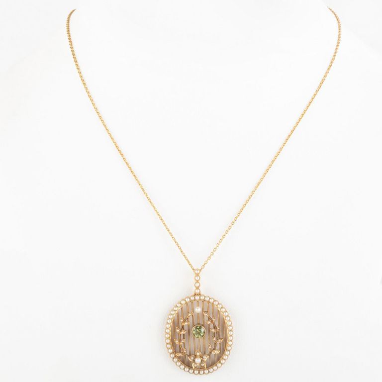 14k Gold, Seed Pearl and Peridot Pendant