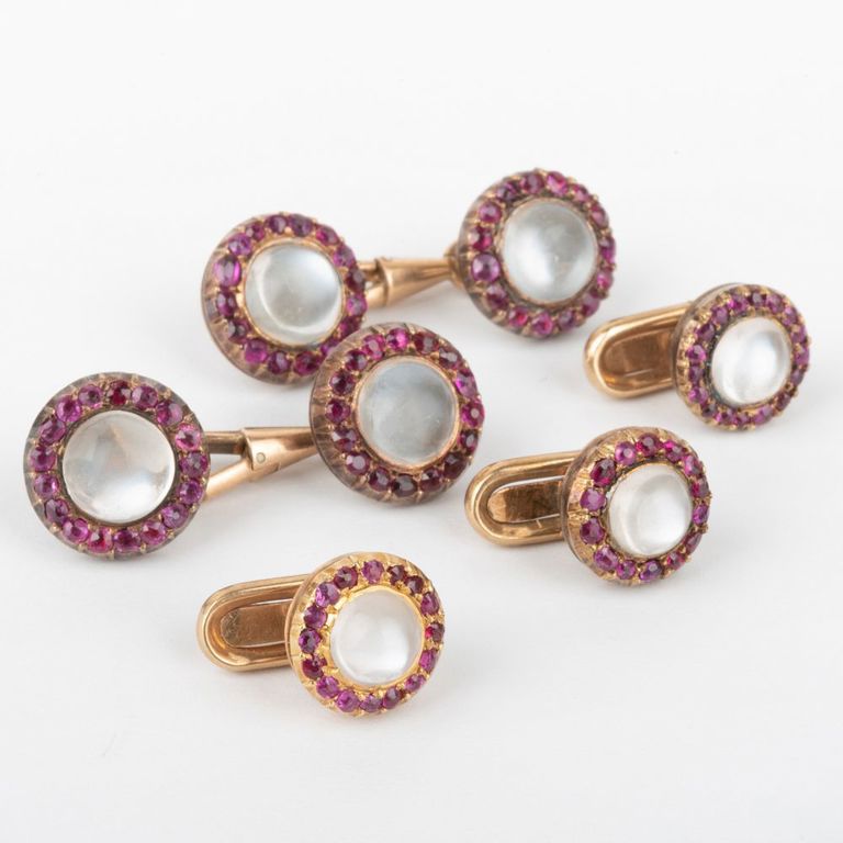 14k Gold, Moonstone and Ruby Dress Set