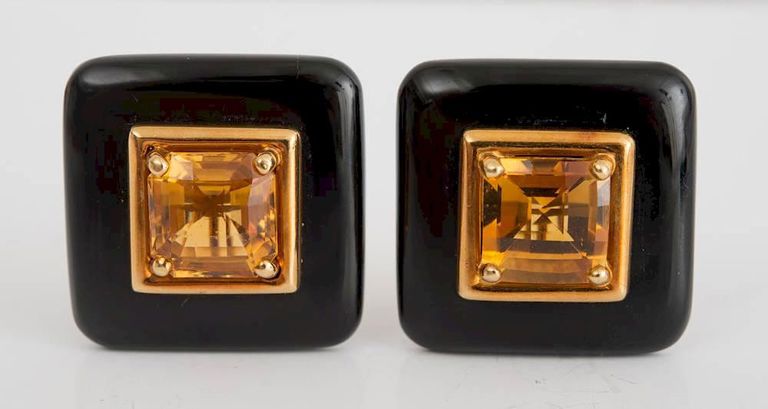 Pair of 18k Yellow Gold, Black Onyx and Citrine Earclips