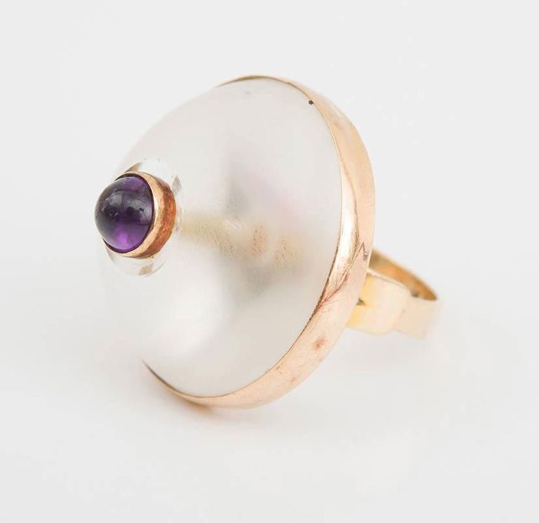 14k Yellow Gold Rock Crystal and Amethyst Ring