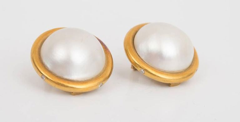 Pair of 18k Yellow Gold, Pearl and Diamond Earclips