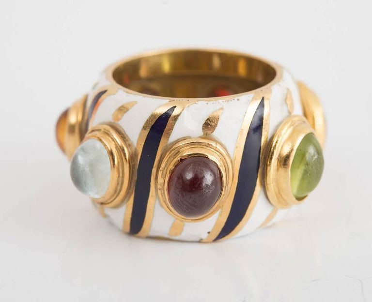 18k Yellow Gold, Enamel and Semi-precious Stone Ring