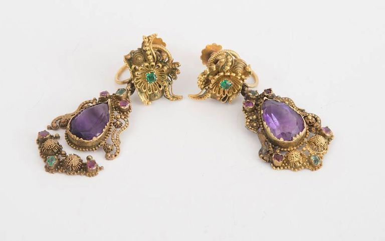 Pair of Metal, Emerald and Amethyst Earclips
