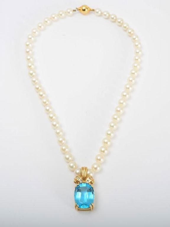 14k Gold, Blue Topaz, Cultured Pearl and Diamond Necklace
