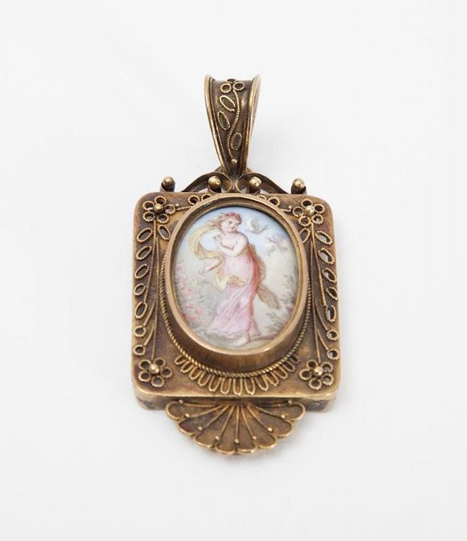 14k Gold and Enameled Portrait Miniature Pendant