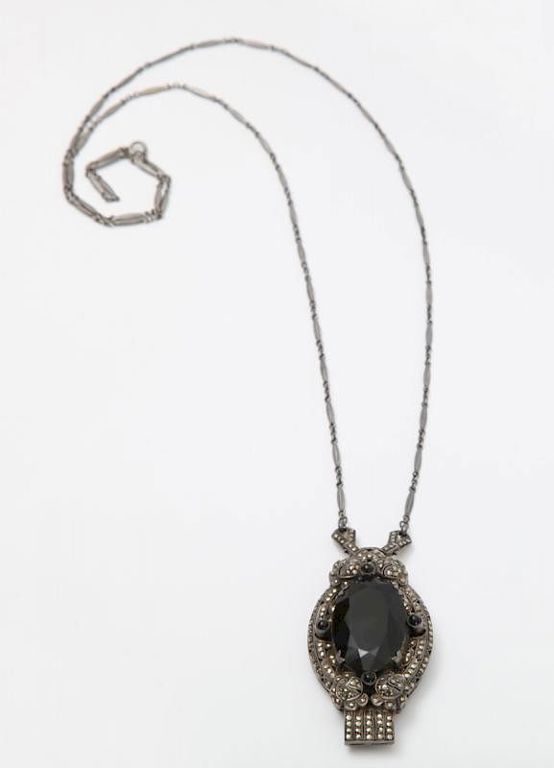 Sterling Silver, Marqusite and Simulated Black Onyx Pendant Necklace