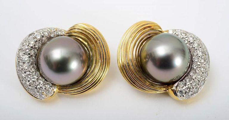 Pair of 18k Gold, Diamond and Cultured Pearl Earclips