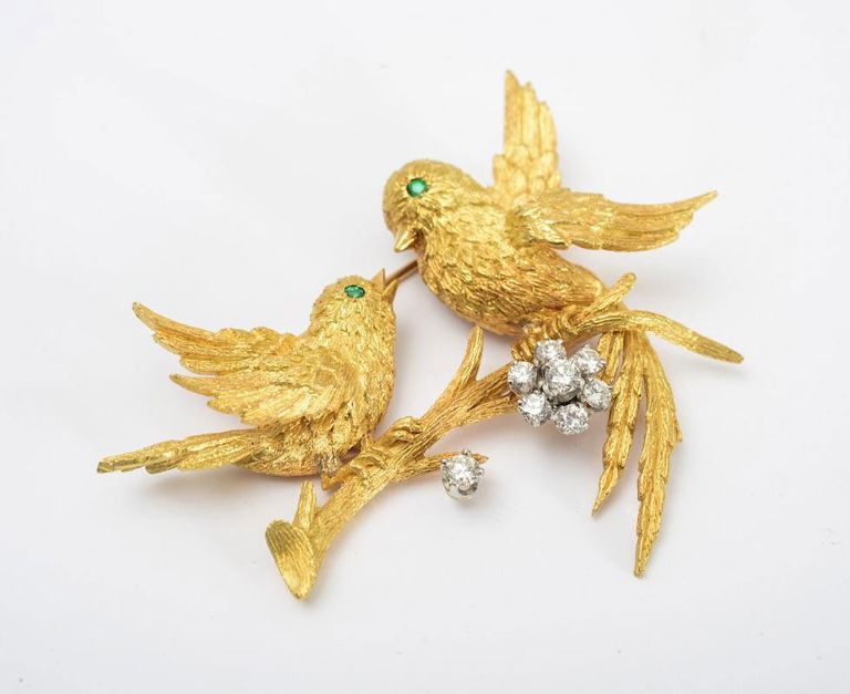18k Gold, Platinum, Diamond and Emerald Brooch