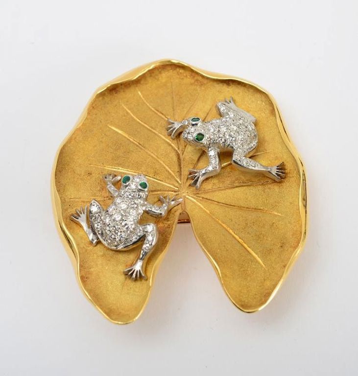 Platinum, 18k Gold, Diamond and Emerald Brooch