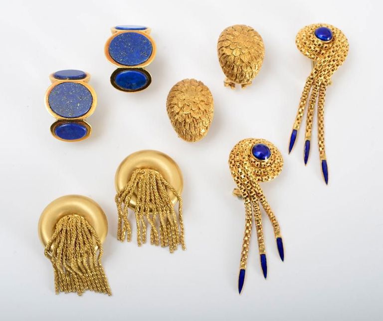 Two Pairs of 18k Gold and Lapis Lazuli Earclips