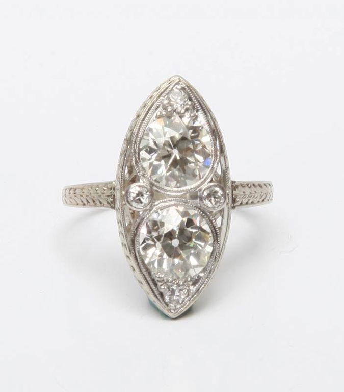 Edwardian 14k White Gold and Diamond Two-stone Ring