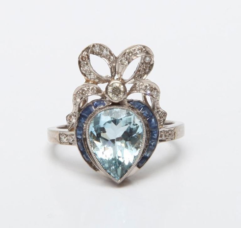 18k White Gold, Aquamarine, Diamond and Sapphire Ring