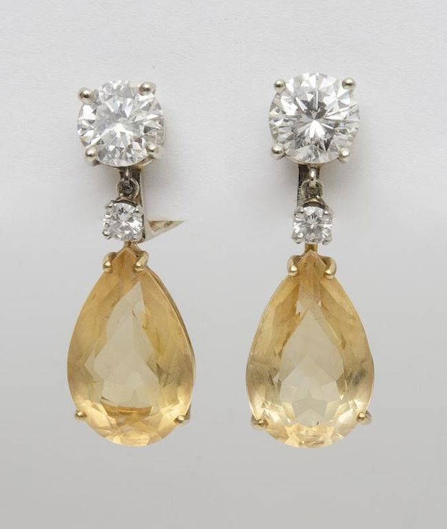 Pair of 14k Gold, Diamond and Yellow Sapphire Earclips