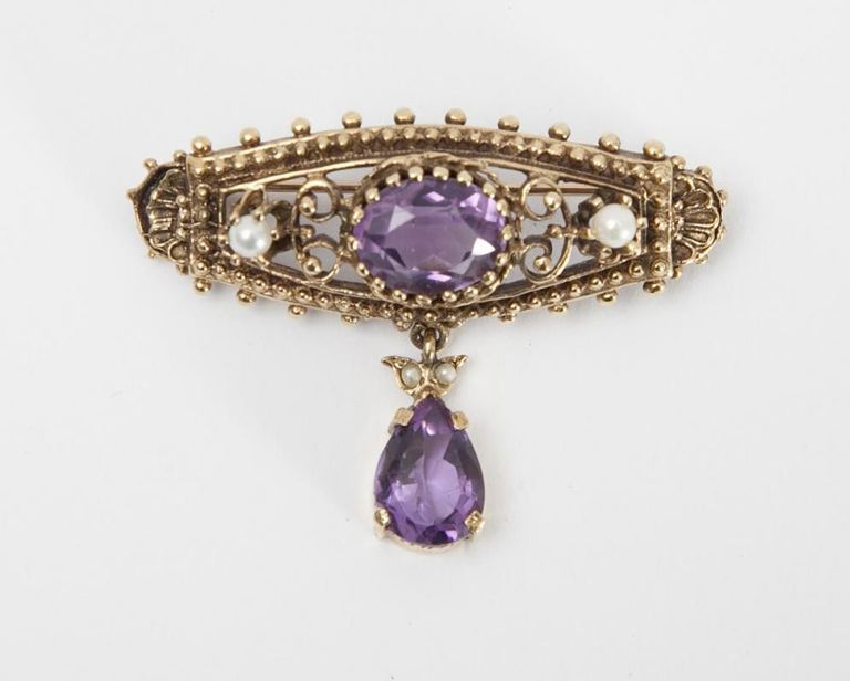 14k Gold, Amethyst and Seed Pearl Pin