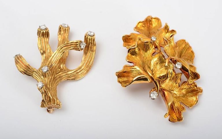 Two 18k Gold and Diamond Brooches