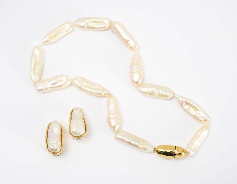 18k Gold and Pearl Necklace and a Pair of Tiffany & Co. Matching Earrings