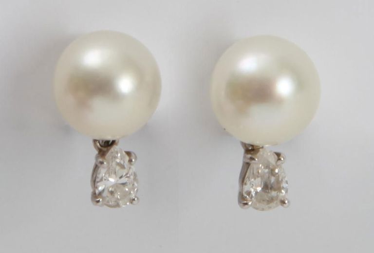 Pair of 14k White Gold, Cultured Pearl and Diamond Earrings