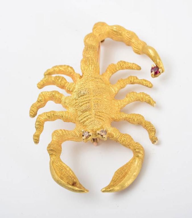 14k Gold, Ruby and Colored Diamond Brooch