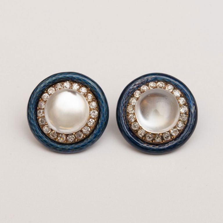 Pair of Moonstone, Diamond and Enamel Earrings