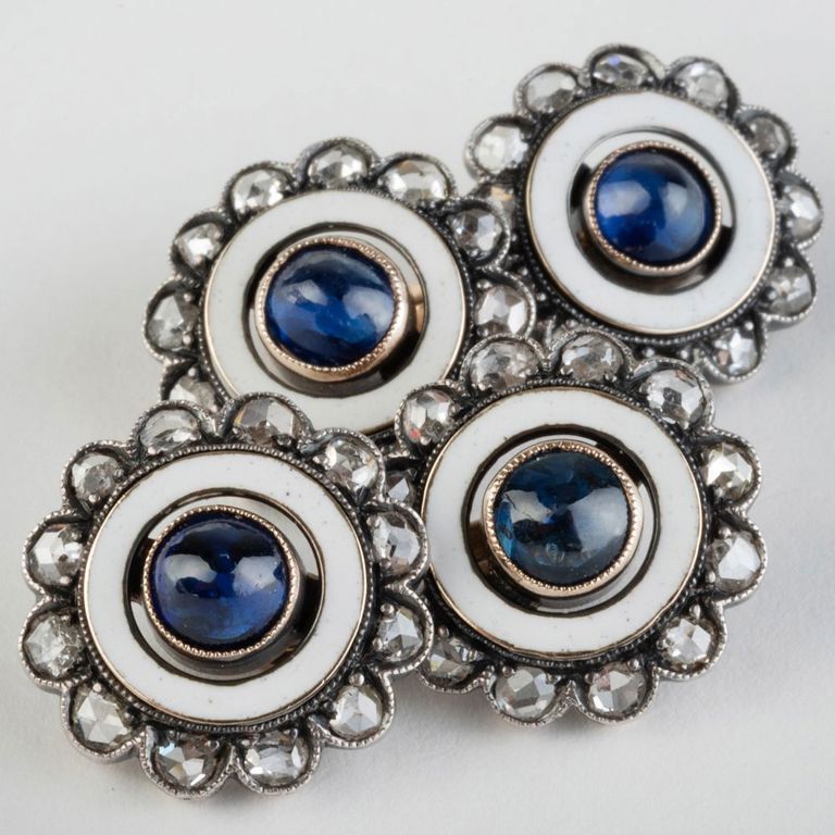 Pair of 14k Gold, Sapphire, Diamond and Enamel Cufflinks