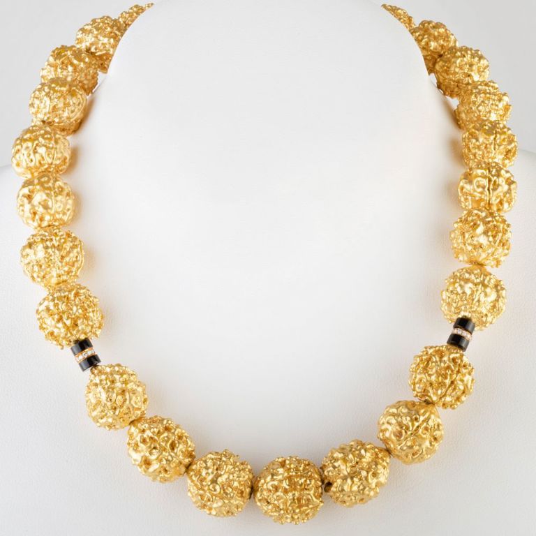 18k Gold, Diamond and Onyx Bead Necklace