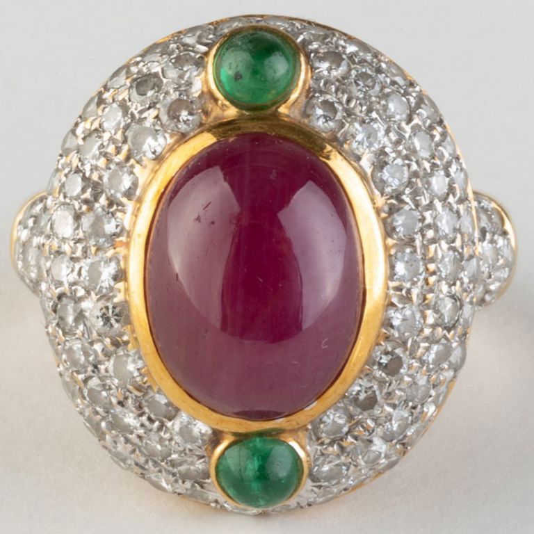 18k Gold, Platinum, Diamond, Ruby and Emerald Ring