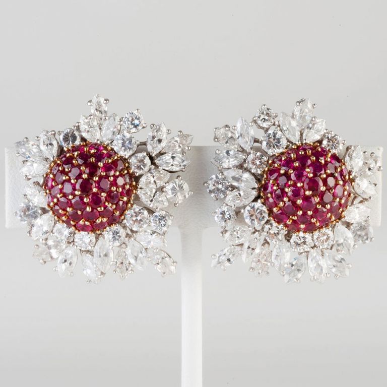 Pair of Van Cleef & Arpels Platinum, Ruby and Diamond Earclips