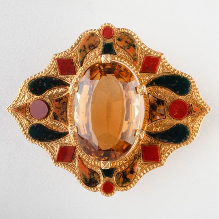 Scottish Victorian 14k Gold, Citrine, Bloodstone and Sard Brooch