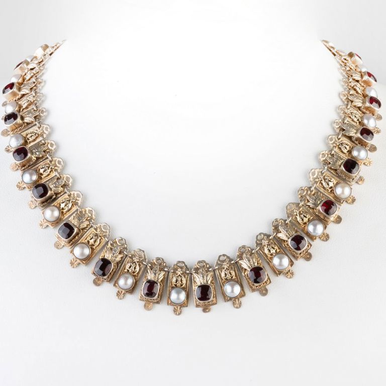 Renaissance Style Gilded Jeweled Necklace and a Pair of Matching Earrings, Russian