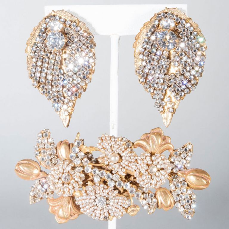 Mariam Haskell Gilt-metal and Rhinestone Floral Brooch and a Pair Earrings
