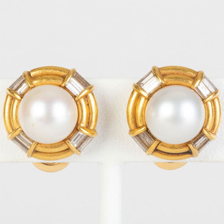 Bulgari 18k Gold, Cultured Pearl and Diamond Earclips