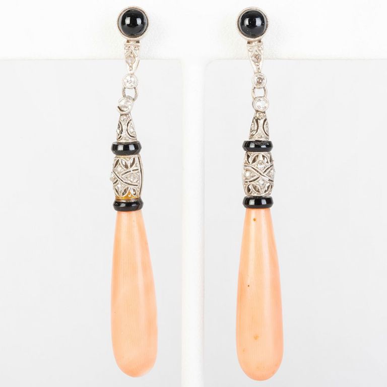 Pair of Platinum, 14k Gold, Coral, Onyx and Diamond Earclips