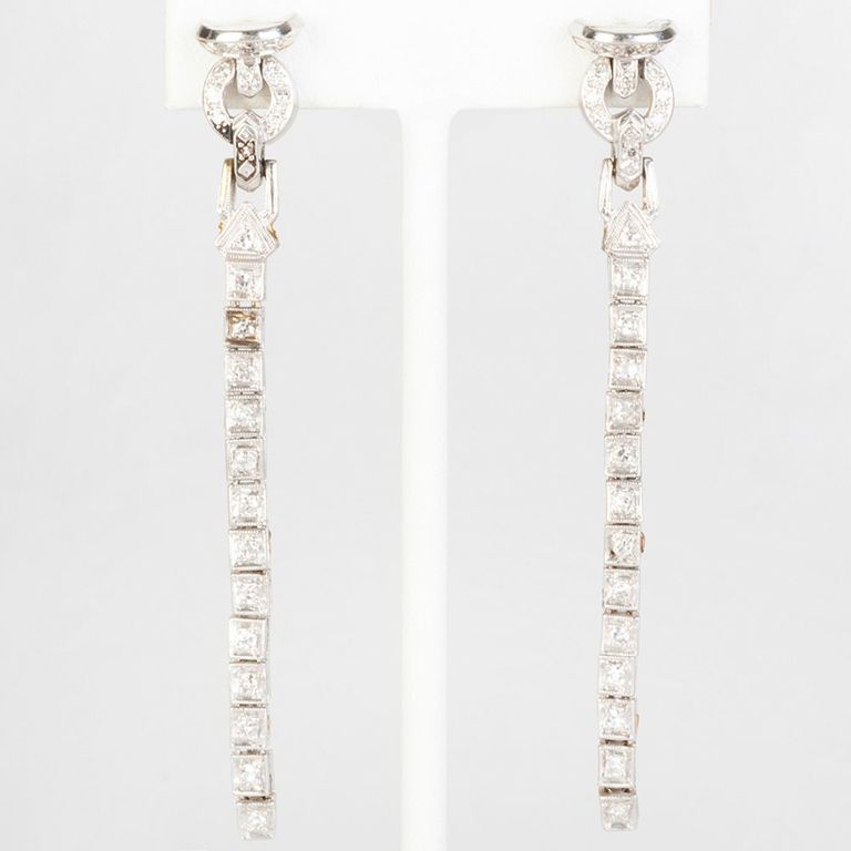 Art Deco Style Platinum and Diamond Long Earrings