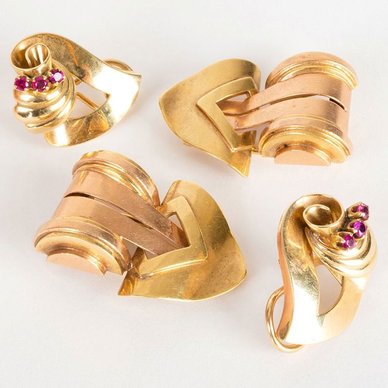 Pair of Tiffany & Co. 14k Gold Pins and a Pair of of 18k Gold and Ruby Earclips