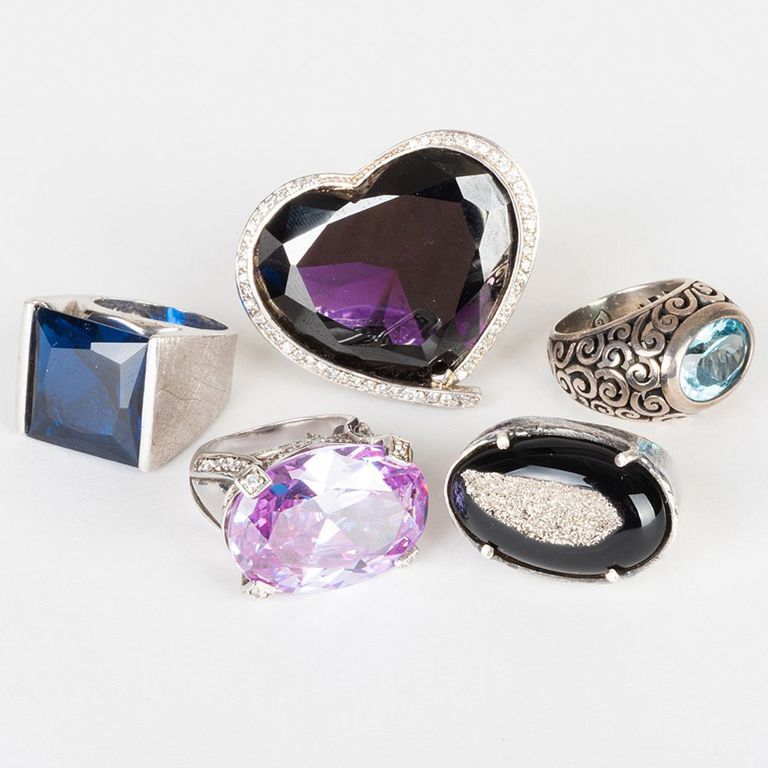 Group of Five Miscellaneous Silver and Semi Precious Stone Rings
